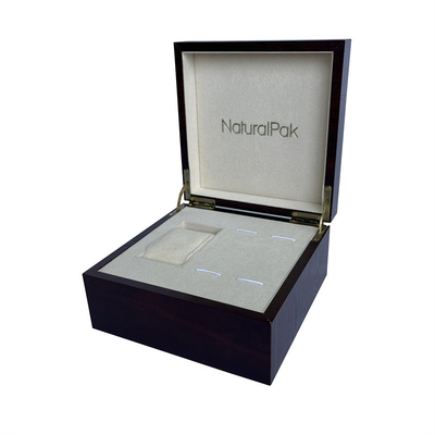Kundenspezifisches Wein-rotes hölzernes Papierverpackenkasten-silbernes Metall Logo Watch Set Box
