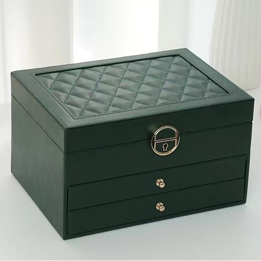 Grüne PU-Quadrat-Schmuck-Luxuskästen mit zwei Fächern für Schmuck-Satz-Geschenk